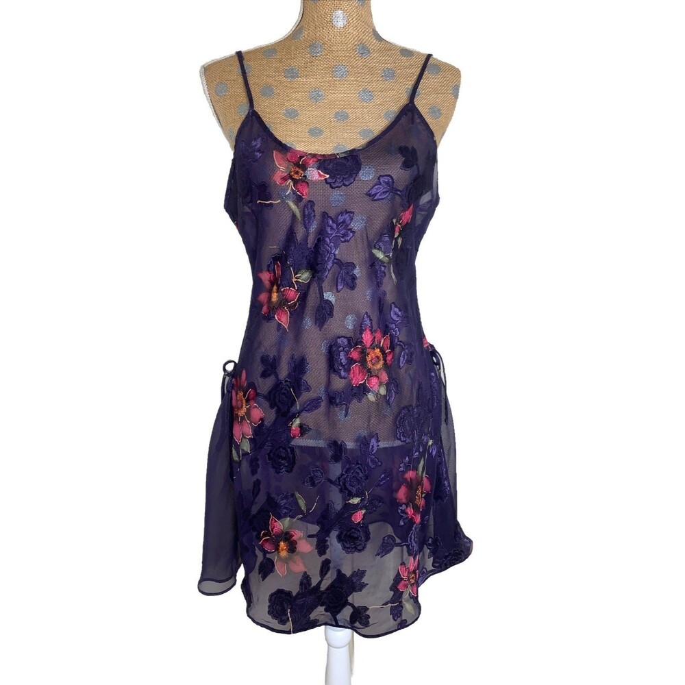 Vtg Secret Tres Slip Dress Fairy Sheer Coquette Floral Y2K Dainty Whimsigoth Pur